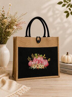 Fall Pumpkin Burlap Tote Bag | Black & Natural | Pink Pumpkins